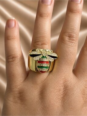 Crystal Bee Statement Ring Gold Enamel Adjustable Cocktail Ring